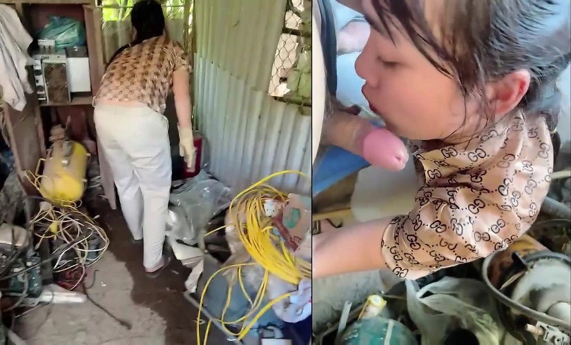 Thuê chị lao công dọn nhà kho mà nứng quá cởi quần đòi chị bú cu luôn trong kho